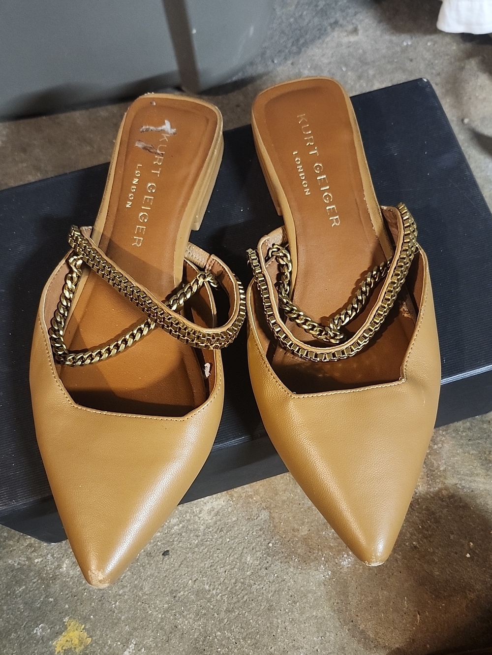 Kurt Geiger Camel Pointed Mule with Gold Chain Straps